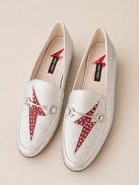 Nine West Silver Glitter Loafers with Red Lightning Detail